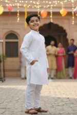 Cotton Boys Kurta Set | Cotton Kids Kurta Pajama | Mandarin Collar, Elastic Pajama | Festive (White)