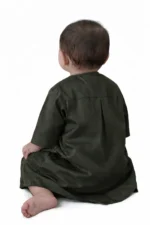 Omani Jubba for Baby Boys & Kids  | Premium Cotton Polyester Blend Shiny Fabric | Lightweight Arabic Thobe for Kids | Best for Eid, Ramadan Dark Olive Color - Image 3