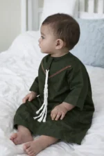 Omani Jubba for Baby Boys & Kids  | Premium Cotton Polyester Blend Shiny Fabric | Lightweight Arabic Thobe for Kids | Best for Eid, Ramadan Dark Olive Color - Image 2