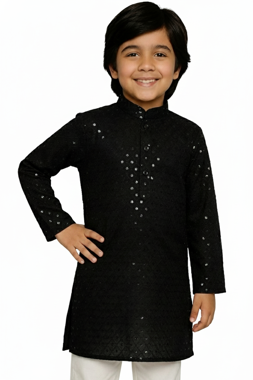 lucknowi chikcenkari kurta for boys black Premium Impoted Cotton Lucknowi Chikankari Kurta for Kids | Baby Boy Pure Cotton Chikankari Kurta Set | Wedding Kurta for Boys - Image 1