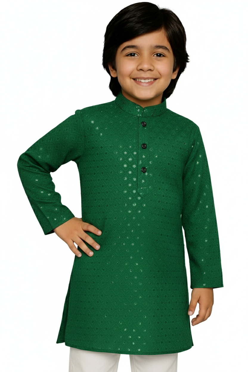 lucknwoi chicken kari kurta for boys green front Premium Impoted Cotton Lucknowi Chikankari Kurta for Kids | Baby Boy Pure Cotton Chikankari Kurta Set | Wedding Kurta for Boys - Image 1