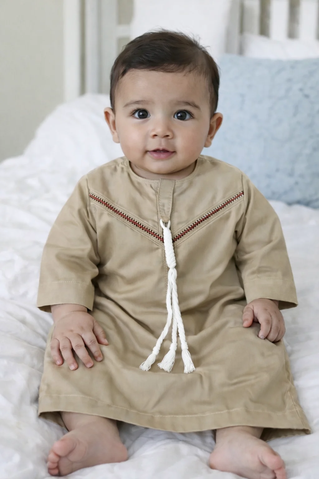 omani thobe for boys front olive beige Baby Boy Cotton Jubba Thobe | Arabic Jubba for kids Boy | Arab Sheikh Dress for Baby Boy | Eid & Ramadan Dress for Kids Olive Beige - Image 1